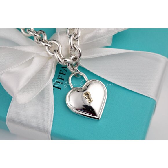 Tiffany & Co. Heart Lock Necklace Thick 16" Chain 18k Gold Sterling Silver - Picture 1 of 8